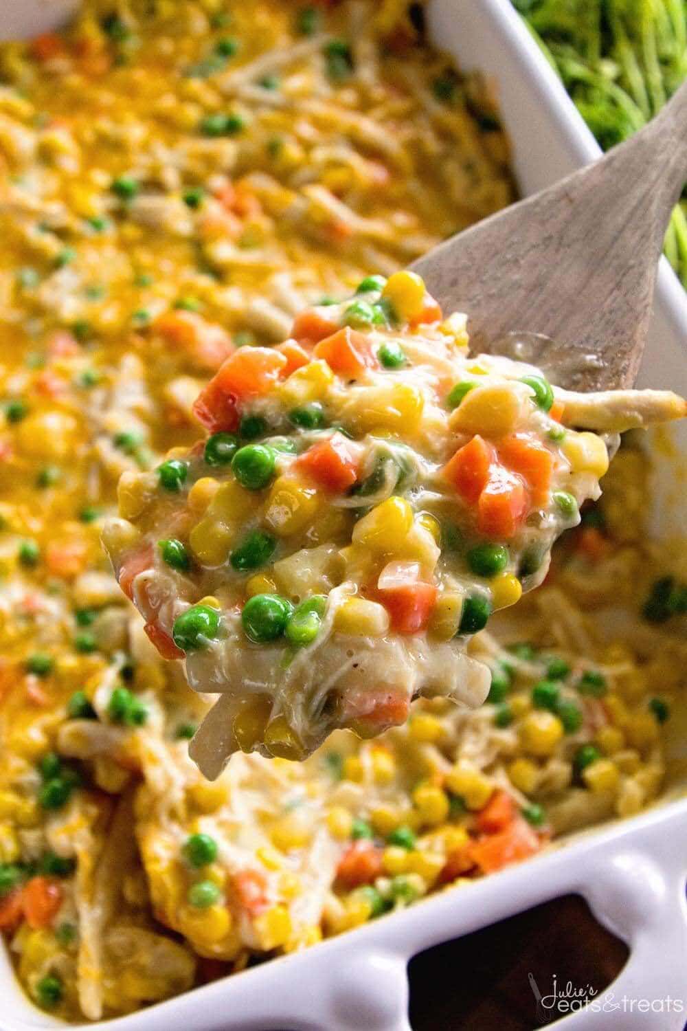 Cheesy Chicken Noodle Casserole ~ Easy, Hearty and Comforting Casserole Loaded with Chicken, Peas, Carrots, Corn and Egg Noodles! This Will Become a Family Favorite Dinner!