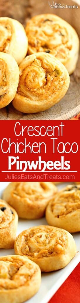 Crescent Chicken Taco Pinwheels - An easy appetizer recipe filled with diced chicken, cream cheese, taco seasoning, and green chiles. It's perfect for when you need a quick snack or dinner idea too!