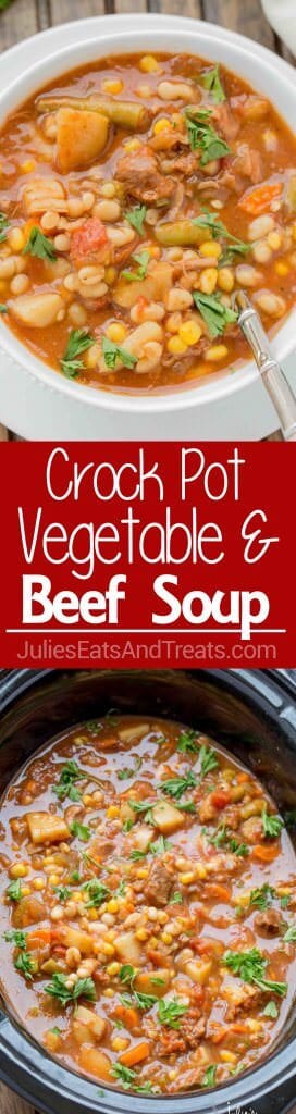 Crock Pot Beef & Vegetable Soup ~ Easy to make, loaded with hearty vegetables & delicious beef. This is one crock pot soup you must make this winter. 