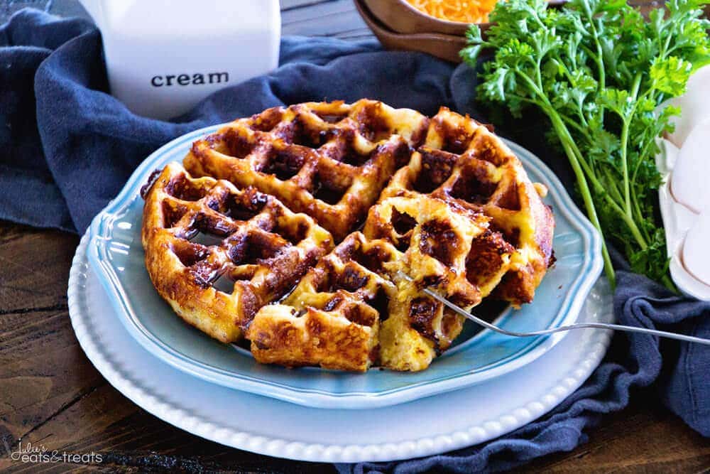 Loaded Egg Bacon Cheese Waffles ~ The Ultimate Sweet & Savory Waffle! Eat this Comfort Food for Breakfast or Dinner Whichever You'd Like!