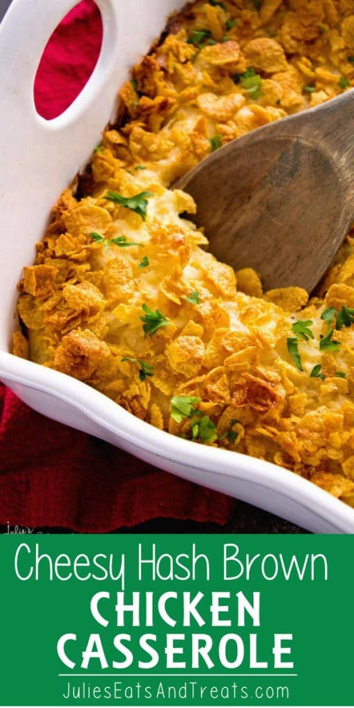 White baking dish of cheesy hash brown chicken casserole with a wooden spoon