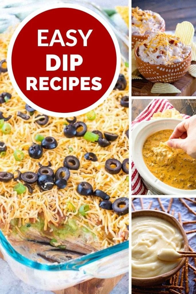 Four images of dips with a red circle and text reading easy dip recipes