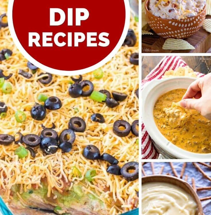 Four images of dips with a red circle and text reading easy dip recipes