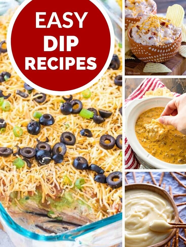 Four images of dips with a red circle and text reading easy dip recipes