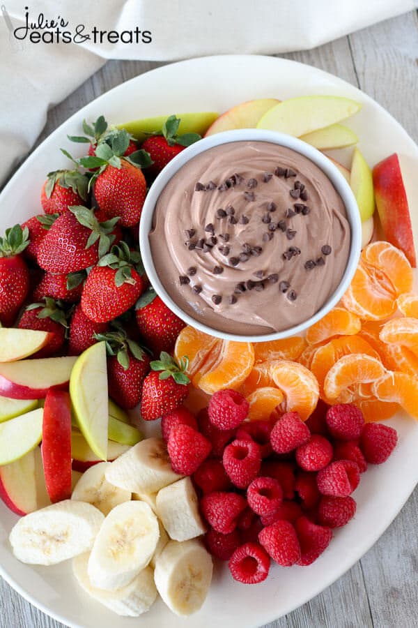 Healthy Fruit Dip on serving platter with fruit