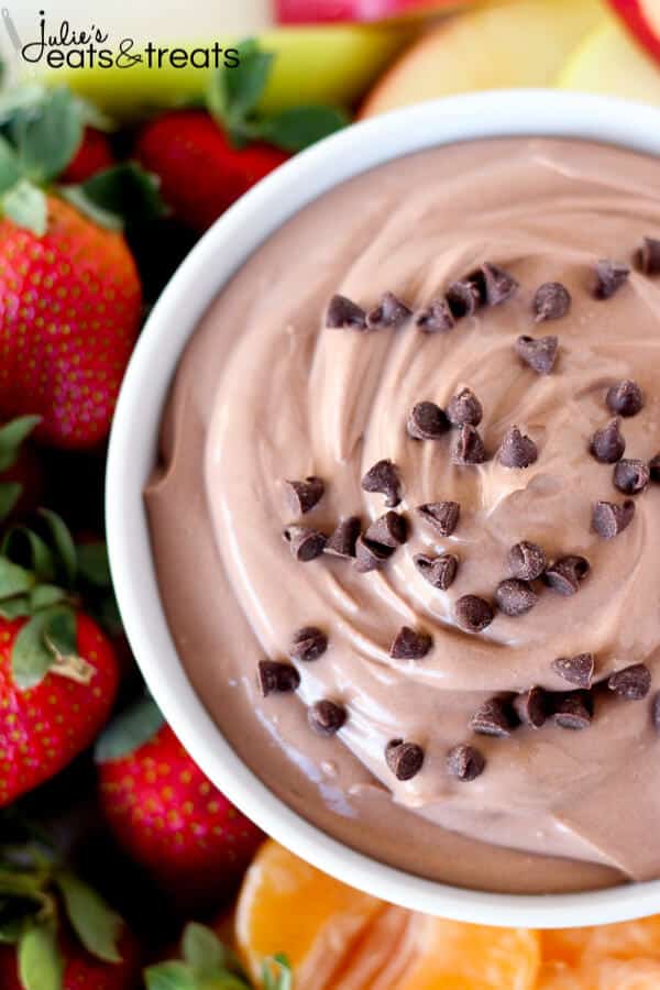 Healthy Chocolate Fruit Dip in white bowl with fruit