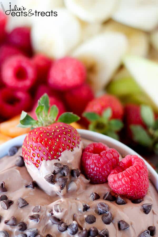 Healthier Chocolate Fruit Dip in white bowl with fruit