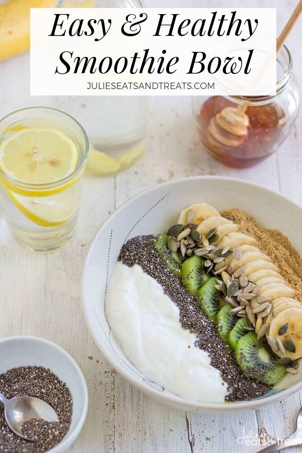 Easy and healthy smoothie bowl containing banana, yogurt, kiwi, and seeds