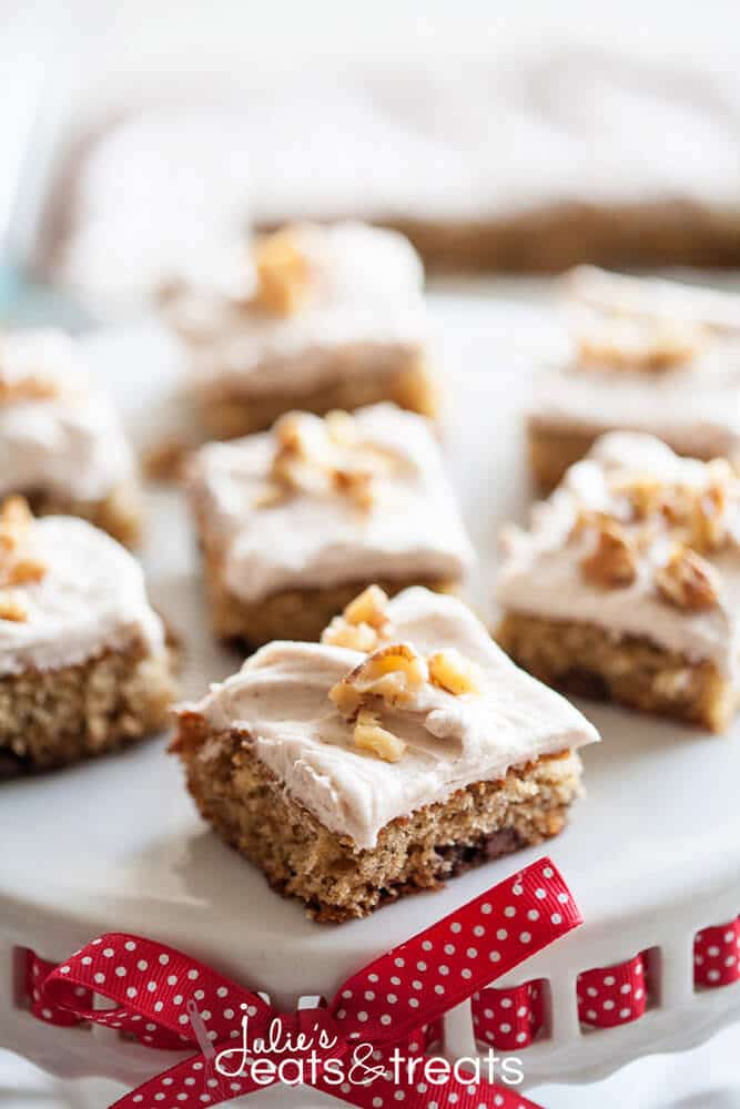 Banana Nut Bars with Cinnamon Cream Cheese Frosting. The perfect way to use up ripe bananas, and so easy to make! 