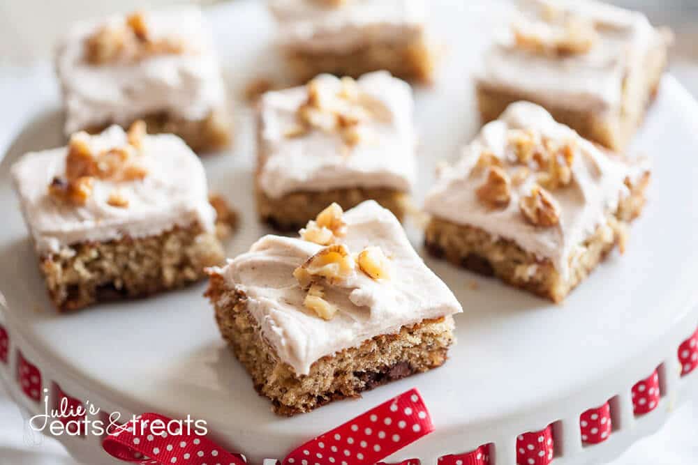 Banana Nut Bars with Cinnamon Cream Cheese Frosting. The perfect way to use up ripe bananas, and so easy to make! 