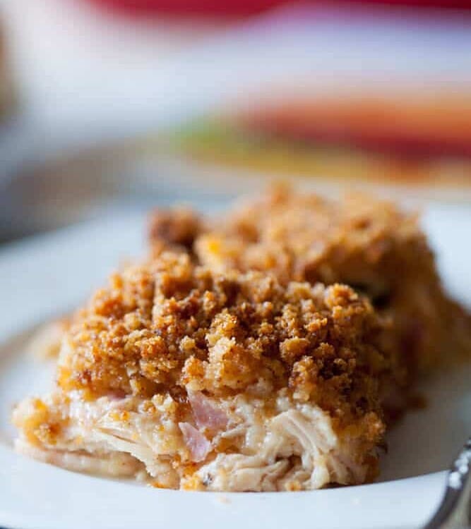 Chicken Cordon Bleu Casserole ~ Comforting Casserole with Layers of Chicken, Ham and Cheese with a Creamy, Cheesy White Sauce! Perfect Dinner Casserole!