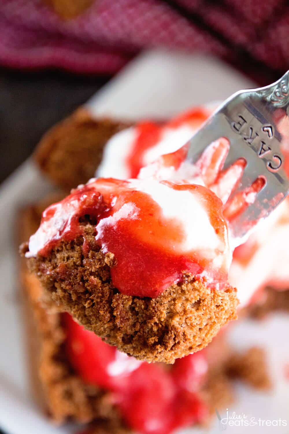 Chocolate Angel Food Cake with Strawberry Sauce ~ Homemade Chocolate Angel Food Cake That Starts with a Boxed Mix! Topped with Homemade Strawberry Sauce! The Perfect Light Dessert Plus it's Easy!