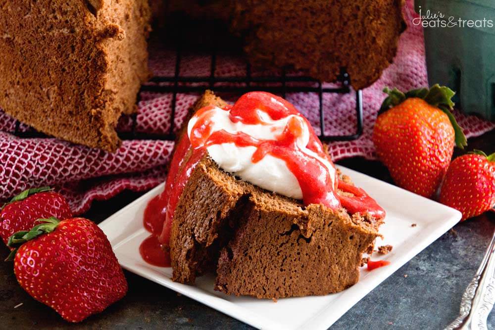 Chocolate Angel Food Cake with Strawberry Sauce ~ Homemade Chocolate Angel Food Cake That Starts with a Boxed Mix! Topped with Homemade Strawberry Sauce! The Perfect Light Dessert Plus it's Easy!