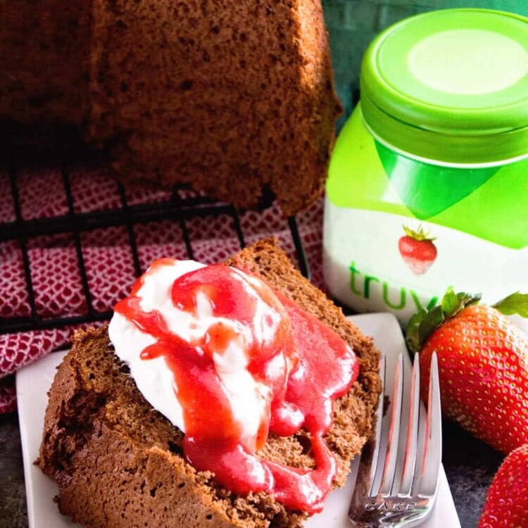 Chocolate Angel Food Cake with Strawberry Sauce ~ Homemade Chocolate Angel Food Cake That Starts with a Boxed Mix! Topped with Homemade Strawberry Sauce! The Perfect Light Dessert Plus it's Easy!