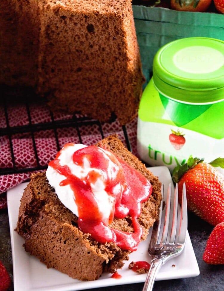 Chocolate Angel Food Cake with Strawberry Sauce ~ Homemade Chocolate Angel Food Cake That Starts with a Boxed Mix! Topped with Homemade Strawberry Sauce! The Perfect Light Dessert Plus it's Easy!