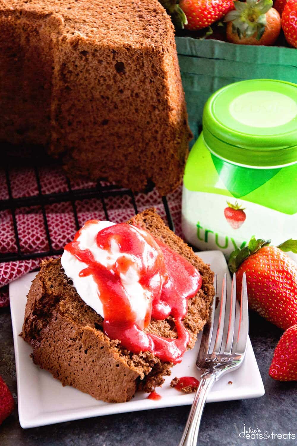 Chocolate Angel Food Cake with Strawberry Sauce ~ Homemade Chocolate Angel Food Cake That Starts with a Boxed Mix! Topped with Homemade Strawberry Sauce! The Perfect Light Dessert Plus it's Easy!