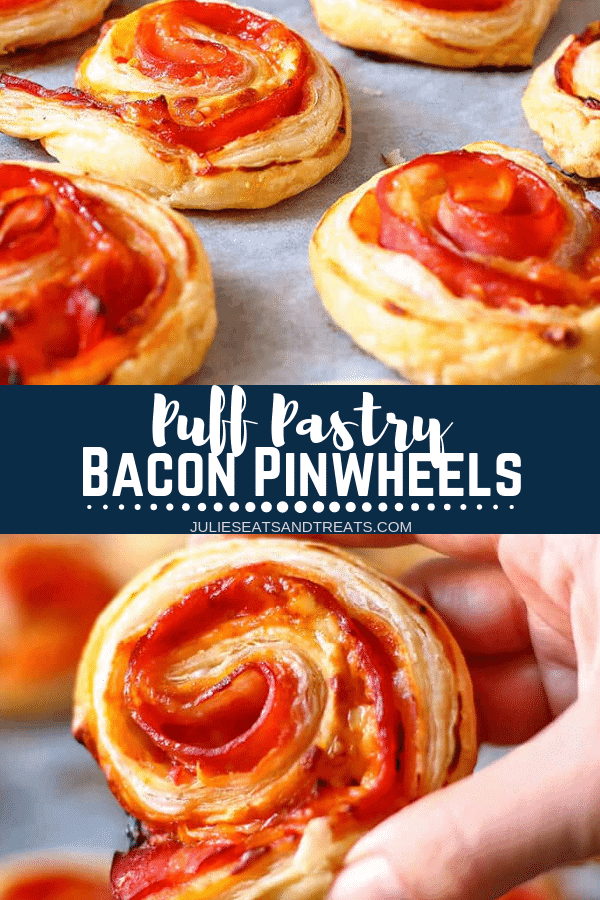 Collage with top image of bacon pinwheels on wax paper, middle banner with text reading puff pastry bacon pinwheels, and bottom image of a hand holding a pinwheel