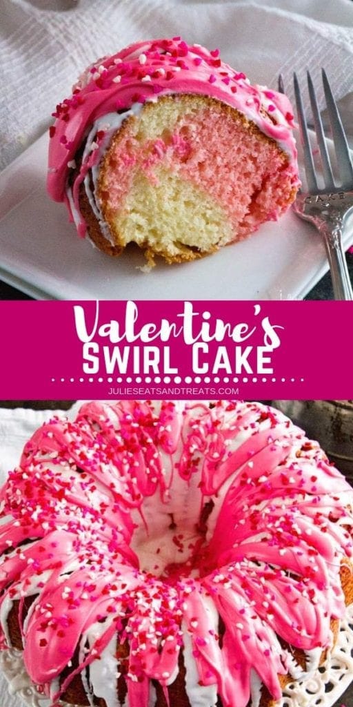 Collage with top image of a slice of Valentine's cake on a plate, middle pink banner with white text reading Valentine's swirl cake, and bottom image overhead of a bundt cake with white and pink frosting and sprinkles