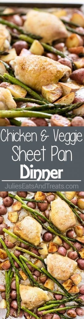 Simple Chicken and Vegetable Sheet Pan Dinner ~ Quick and Easy Dinner Recipe! Crispy-Skinned Chicken Thighs, Tender Potatoes and Asparagus!