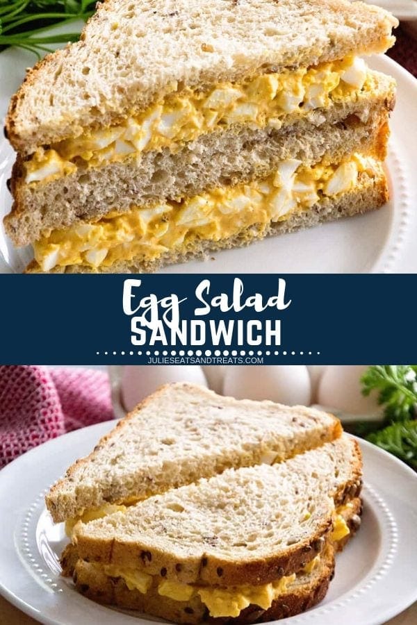 Collage with top image of an egg salad sandwich cut in half diagonally and stacked on a white plate, middle navy banner with white text reading egg salad sandwich, and bottom image of a sandwich cut in half on a white plate