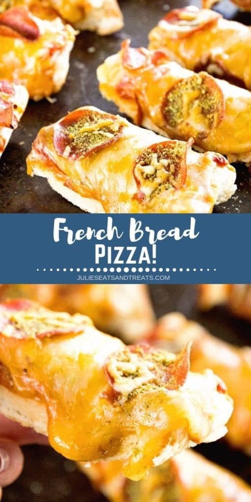 Collage with top image of french bread pepperoni pizza on a sheet pan, middle blue banner with white text reading french bread pizza, and bottom close up image of a hand holding a piece of french bread pizza