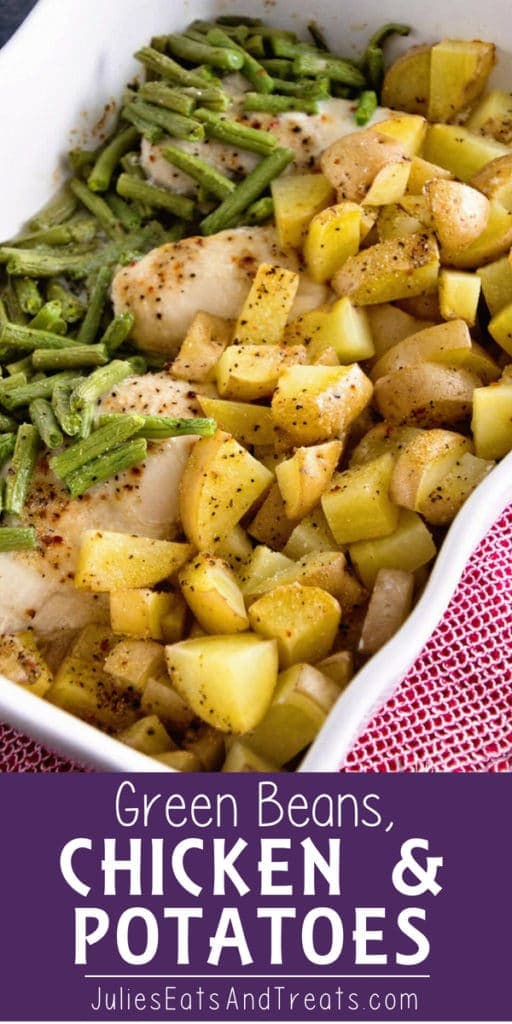 Green beans, chicken, and potatoes in a white casserole dish