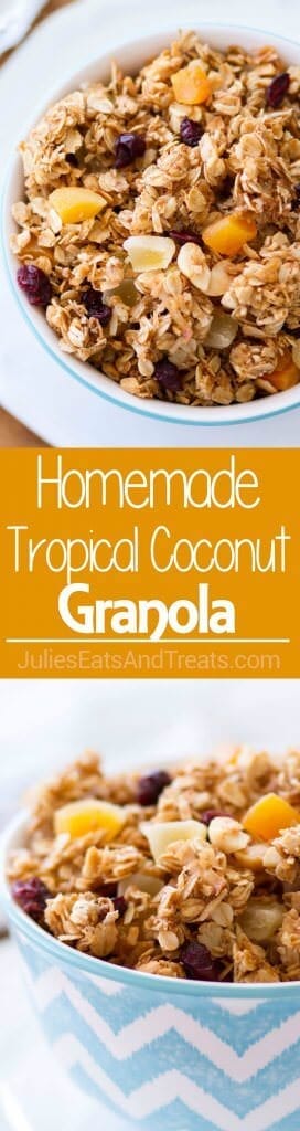 Homemade Tropical Coconut Granola ~ Homemade Granola Loaded with Dried Pineapple, Apricots, Golden Raisins, Cranberries, Shredded Coconut and Macadamia Nuts!
