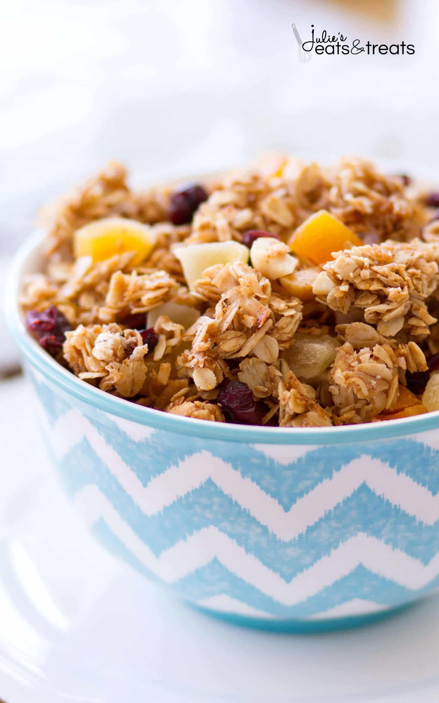 This homemade Tropical Coconut Granola is filled with shredded coconut, coconut oil, and coconut sugar! Dried pineapple, apricots, golden raisins, cranberries, and macadamia nuts give this easy coconut granola a tropical flavor. This homemade granola recipe is so easy, you may never buy store-bought again!