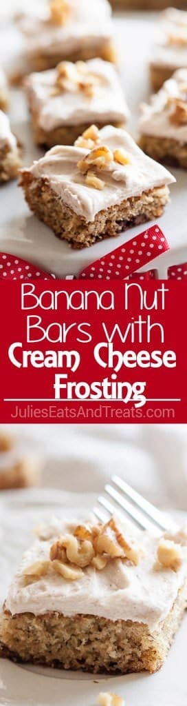 Banana Nut Bars with Cinnamon Cream Cheese Frosting ~ Fluffy, Delicious Banana Bars Loaded with Walnuts and Topped with Cream Cheese Frosting with a Hint of Cinnamon!