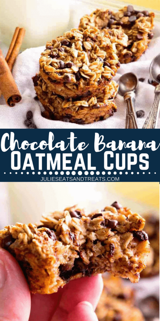 Collage with top image of oatmeal cups stacked on a white napkin, middle banner with text reading Chocolate banana oatmeal cups, and bottom image of hand holding an oatmeal cup with a bite taken out