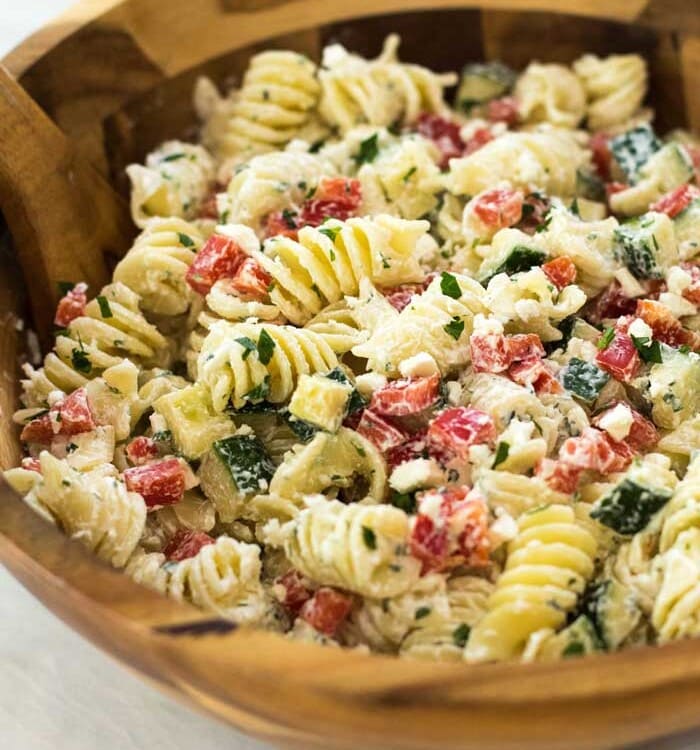 Greek Pasta Salad ~ Loaded with Bell Pepper, Cucumber, Pasta and Topped with a Creamy Yogurt Dressing! It's Perfect for Summer!