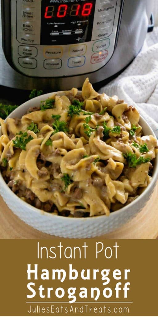 Instant pot hamburger stroganoff in a white bowl