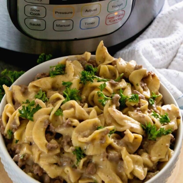 White bowl of hamburger stroganoff sitting in front of an instant pot