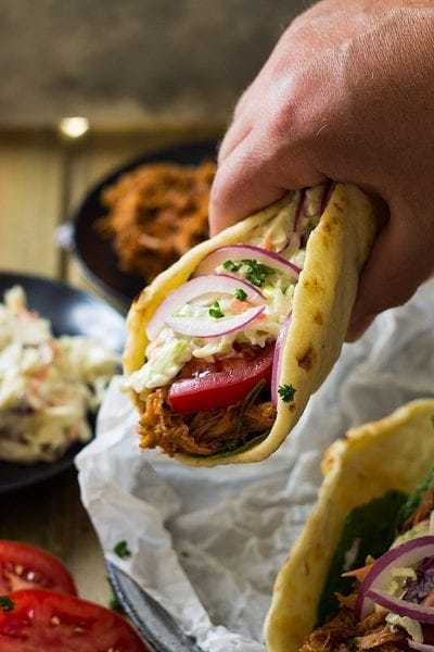 BBQ Pulled Pork Gyros ~ Filled with BBQ Pulled Pork, Creamy Coleslaw, Tomato, Onion and All Wrapped in a Soft Flatbread. Perfect for An Easy Lunch or Dinner!