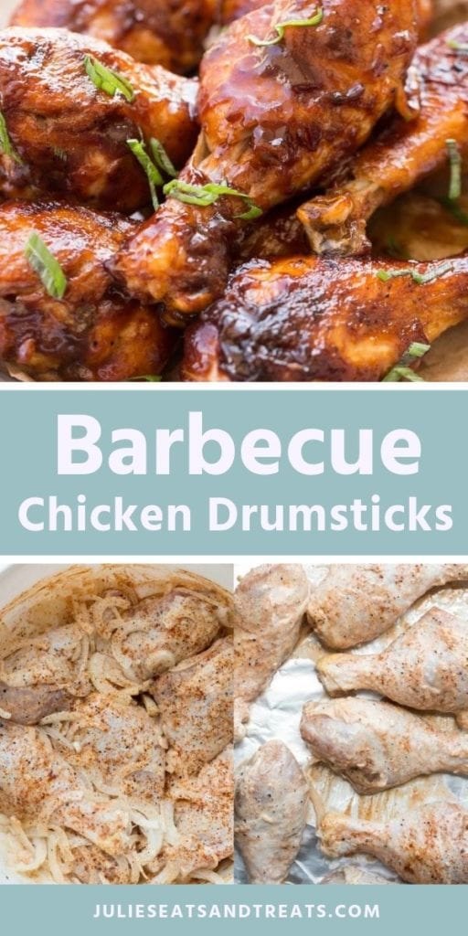 Collage with top image of prepared barbecue chicken drumsticks, middle banner with white text reading barbecue chicken drumsticks, and bottom two images of uncooked chicken drumsticks being seasoned