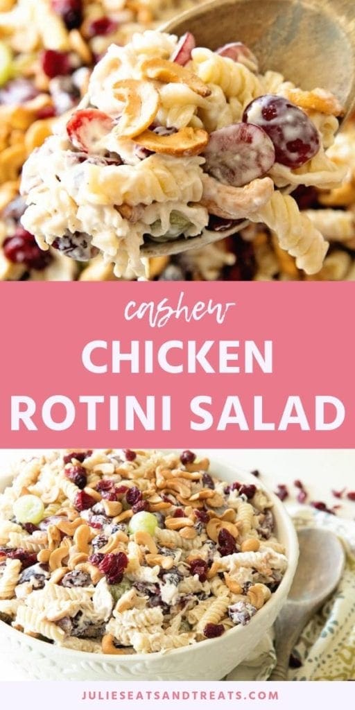 Collage with top image of cashew chicken rotini salad on a wood spoon, middle pink banner with white text reading cashew chicken rotini salad, and bottom image of rotini salad in a white bowl