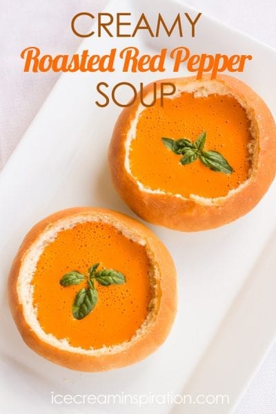 Get this recipe for Creamy Roasted Red Pepper and Basil Soup by Ice Cream and Inspiration