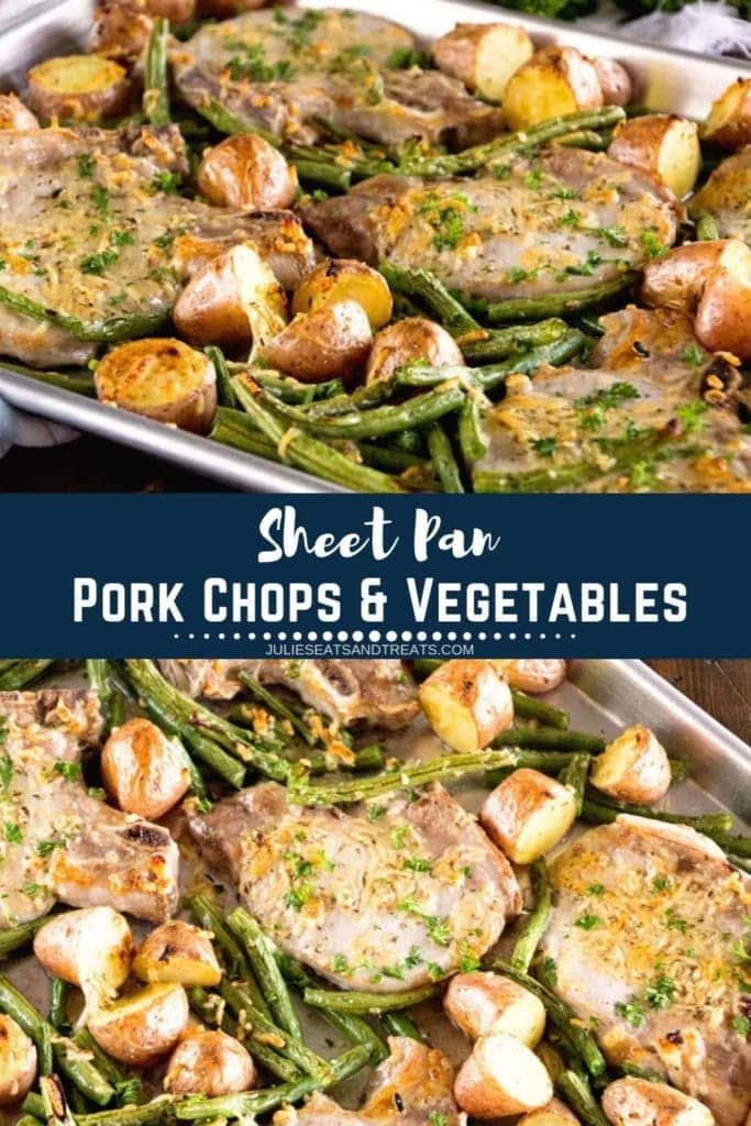 Collage with top image of pork chops, potatoes, and asparagus on a baking sheet, middle navy banner with white text reading sheet pan pork chops and vegetables, and bottom image overhead of pork chops and vegetables on a sheet pan