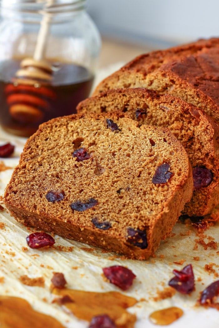 Honey Cranberry Bread. This delicious bread is perfect for breakfast, brunch or afternoon snack. Spread it with butter and jam and you are in for a treat!