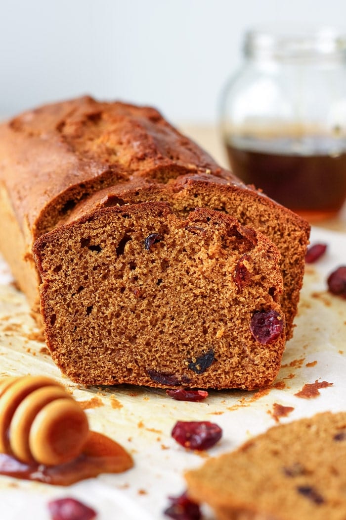 Honey Cranberry Bread. This delicious bread is perfect for breakfast, brunch or afternoon snack. Spread it with butter and jam and you are in for a treat!