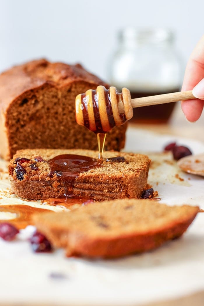 Honey Cranberry Bread. This delicious bread is perfect for breakfast, brunch or afternoon snack. Spread it with butter and jam and you are in for a treat!