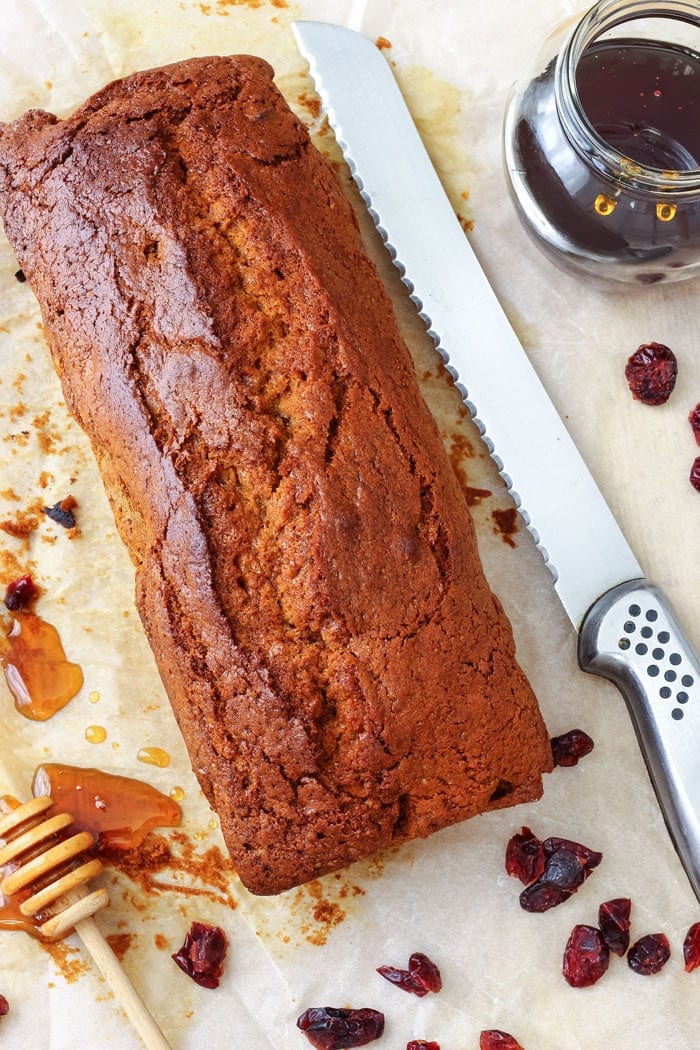 Honey Cranberry Bread. This delicious bread is perfect for breakfast, brunch or afternoon snack. Spread it with butter and jam and you are in for a treat!