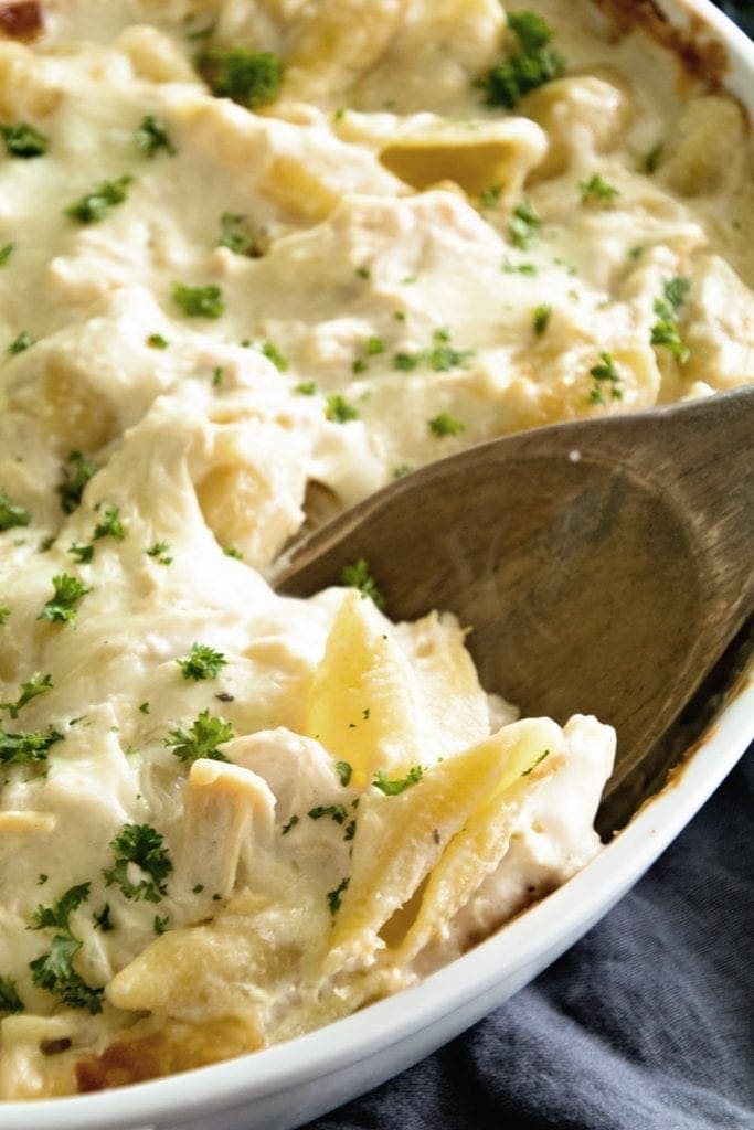 Unstuffed Chicken Alfredo Shells ~ Creamy, Delicious Casserole with Layers of Garlic Alfredo Sauce, Pasta and Chicken! Save Yourself Time by Skipping the Stuffing of the Pasta! Perfect for a Weeknight Dinner!