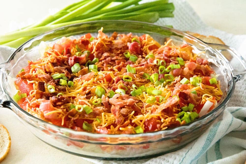 Easy BLT Dip ~ Take Your Favorite Summertime Sandwich and Make it into a Dip! Layers of Lettuce, Bacon, Cheese and Tomatoes! The Perfect Dip for a Party During the Summer Months!