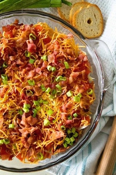 Easy BLT Dip ~ Take Your Favorite Summertime Sandwich and Make it into a Dip! Layers of Lettuce, Bacon, Cheese and Tomatoes! The Perfect Dip for a Party During the Summer Months!