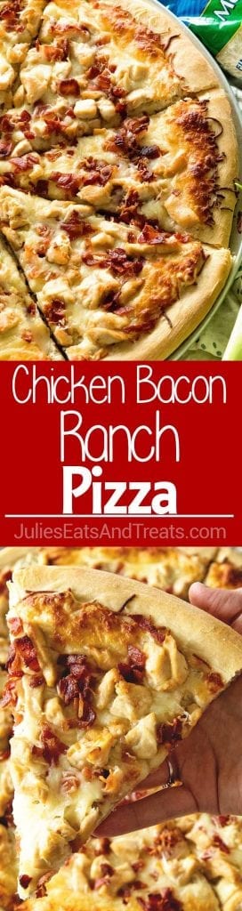 Two image collage of chicken bacon ranch pizza, the top image is an overhead image of chicken bacon ranch pizza on a metal pizza pan, the middle is a red background with the words Chicken Bacon Ranch Pizza in white lettering, the bottom image is an overhead image of a hand holding a piece of chicken bacon ranch pizza