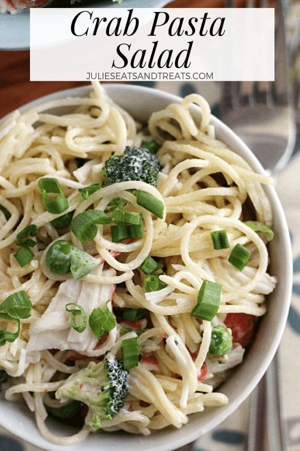 Crab pasta salad in a white bowl