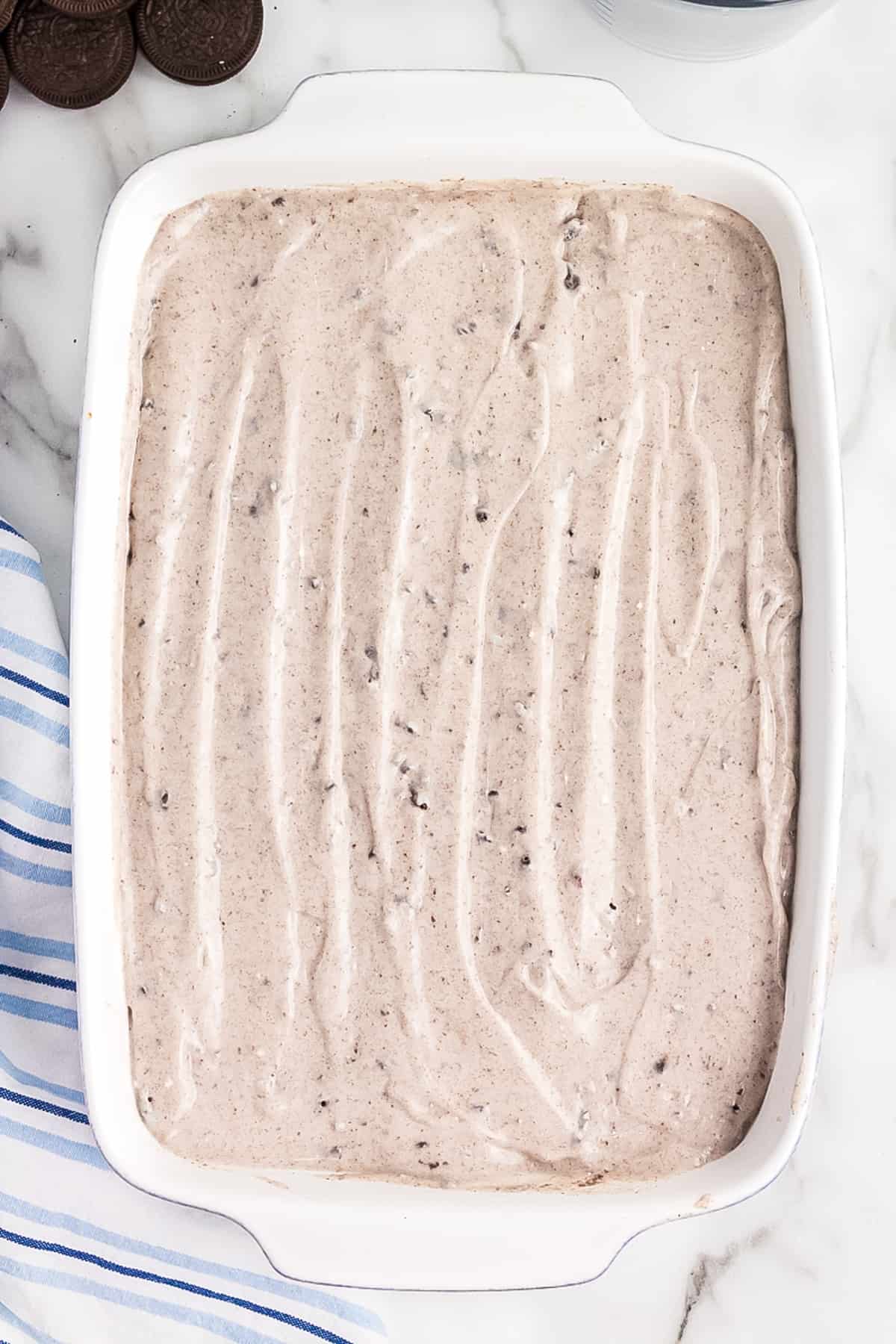 Overhead image of cookies 'n creme pudding in cake pan