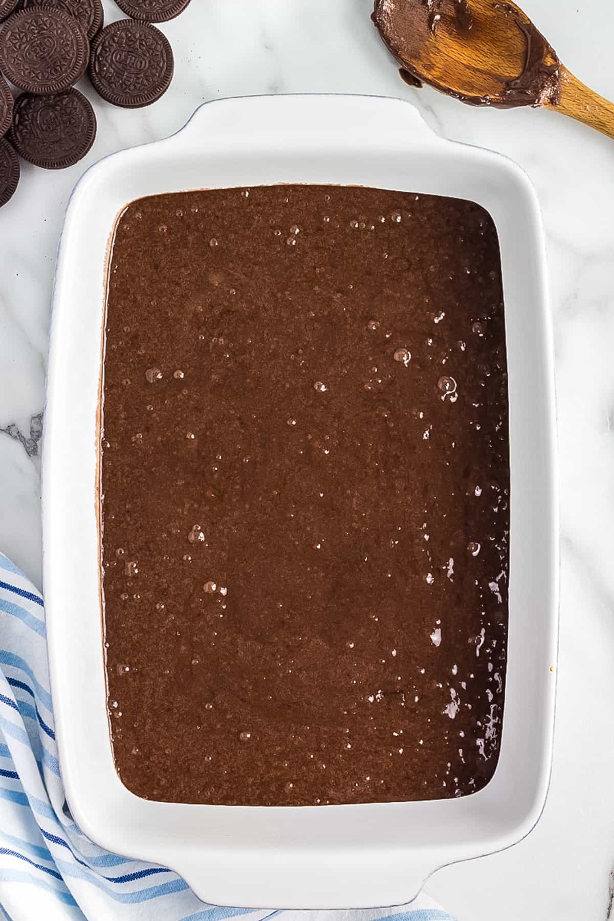 Chocolate Cake Mix in white baking pan