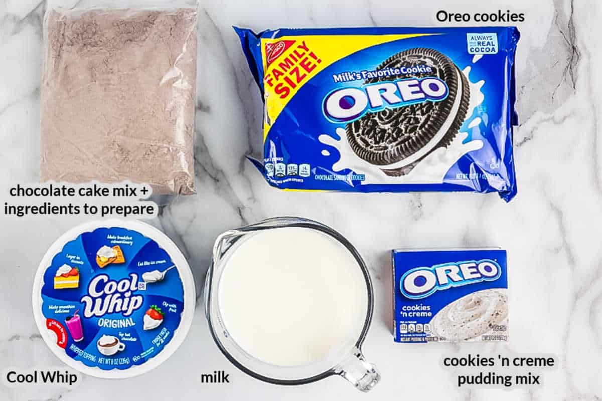 Overhead Image of Oreo Poke Cake Ingredients